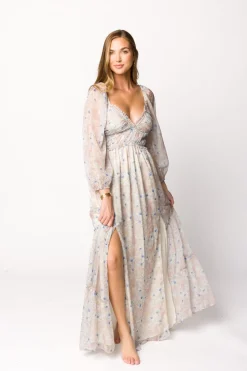 Hot Worth Collective Daphne Long Sleeve Maxi Dress in Beige/Blue Floral - Bump Friendly & I