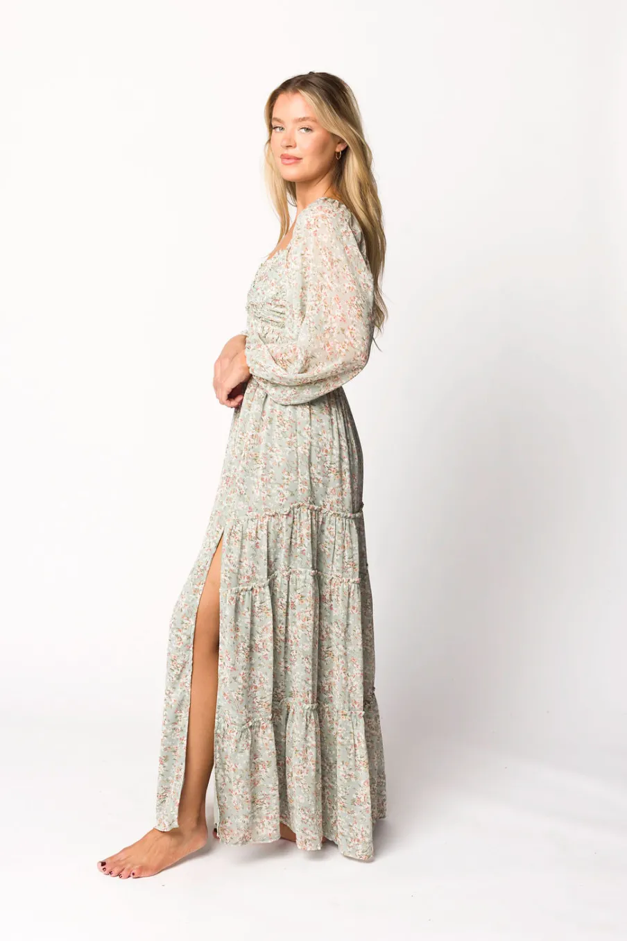 Online Worth Collective Daphne Long Sleeve Maxi Dress in Sage/Pink/Ivory Floral - Bump Friendl