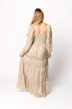 New Worth Collective Daphne Long Sleeve Maxi Dress in Beige Multi Floral - Bump Friendly &