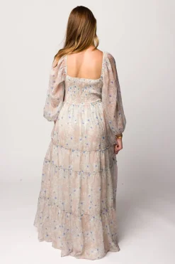 Hot Worth Collective Daphne Long Sleeve Maxi Dress in Beige/Blue Floral - Bump Friendly & I