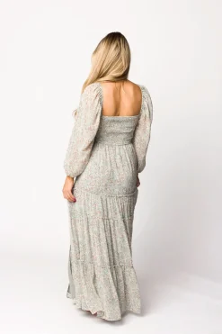 Online Worth Collective Daphne Long Sleeve Maxi Dress in Sage/Pink/Ivory Floral - Bump Friendl