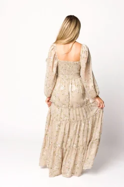 New Worth Collective Daphne Long Sleeve Maxi Dress in Beige Multi Floral - Bump Friendly &