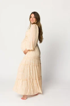 Outlet Worth Collective Daphne Long Sleeve Maxi Dress in Light Beige/White Floral - Bump Frien