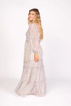 Hot Worth Collective Daphne Long Sleeve Maxi Dress in Beige/Blue Floral - Bump Friendly & I