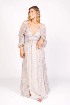 Hot Worth Collective Daphne Long Sleeve Maxi Dress in Beige/Blue Floral - Bump Friendly & I