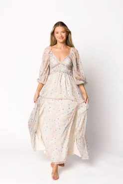 Hot Worth Collective Daphne Long Sleeve Maxi Dress in Beige/Blue Floral - Bump Friendly & I