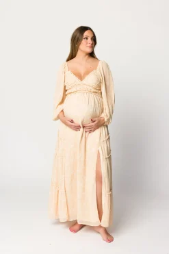 Outlet Worth Collective Daphne Long Sleeve Maxi Dress in Light Beige/White Floral - Bump Frien