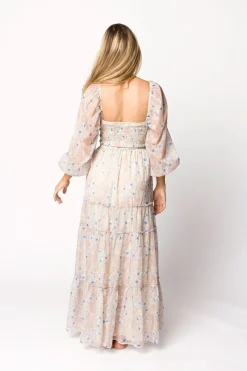 Hot Worth Collective Daphne Long Sleeve Maxi Dress in Beige/Blue Floral - Bump Friendly & I