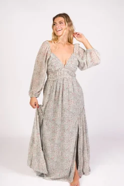 Online Worth Collective Daphne Long Sleeve Maxi Dress in Sage/Pink/Ivory Floral - Bump Friendl