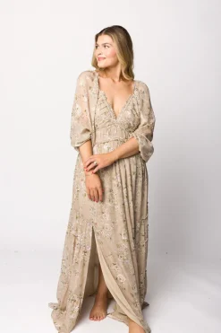New Worth Collective Daphne Long Sleeve Maxi Dress in Beige Multi Floral - Bump Friendly &