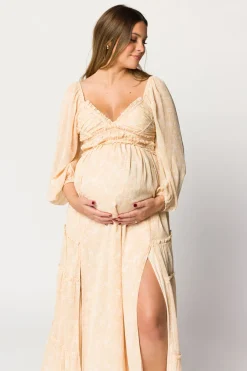 Outlet Worth Collective Daphne Long Sleeve Maxi Dress in Light Beige/White Floral - Bump Frien