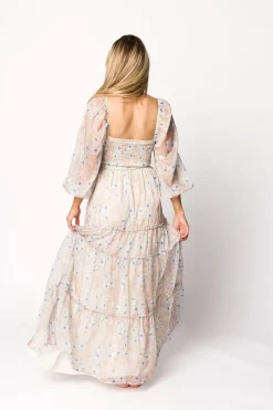Hot Worth Collective Daphne Long Sleeve Maxi Dress in Beige/Blue Floral - Bump Friendly & I