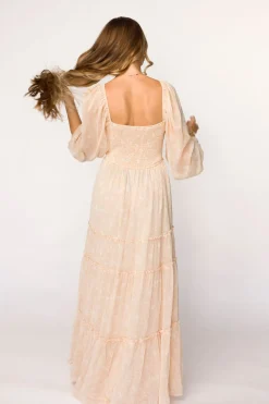 Outlet Worth Collective Daphne Long Sleeve Maxi Dress in Light Beige/White Floral - Bump Frien