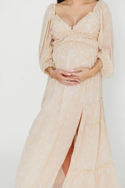 Outlet Worth Collective Daphne Long Sleeve Maxi Dress in Light Beige/White Floral - Bump Frien