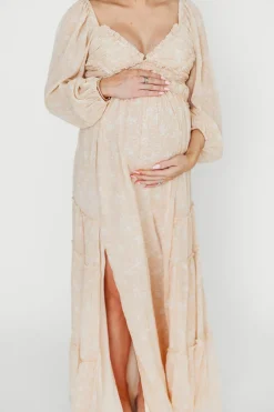 Outlet Worth Collective Daphne Long Sleeve Maxi Dress in Light Beige/White Floral - Bump Frien