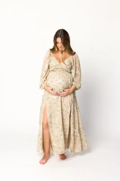 New Worth Collective Daphne Long Sleeve Maxi Dress in Beige Multi Floral - Bump Friendly &