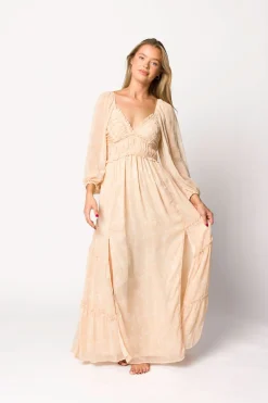 Outlet Worth Collective Daphne Long Sleeve Maxi Dress in Light Beige/White Floral - Bump Frien