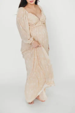 Outlet Worth Collective Daphne Long Sleeve Maxi Dress in Light Beige/White Floral - Bump Frien
