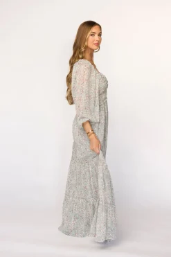 Online Worth Collective Daphne Long Sleeve Maxi Dress in Sage/Pink/Ivory Floral - Bump Friendl