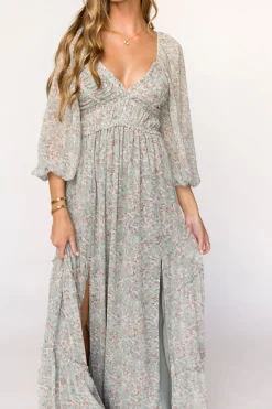 Online Worth Collective Daphne Long Sleeve Maxi Dress in Sage/Pink/Ivory Floral - Bump Friendl