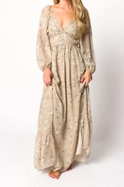 New Worth Collective Daphne Long Sleeve Maxi Dress in Beige Multi Floral - Bump Friendly &
