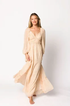 Outlet Worth Collective Daphne Long Sleeve Maxi Dress in Light Beige/White Floral - Bump Frien