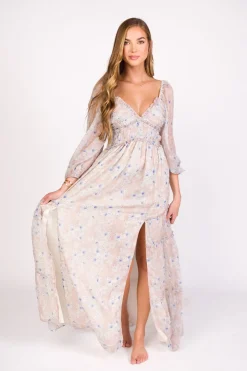 Hot Worth Collective Daphne Long Sleeve Maxi Dress in Beige/Blue Floral - Bump Friendly & I