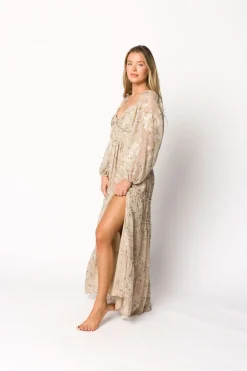 New Worth Collective Daphne Long Sleeve Maxi Dress in Beige Multi Floral - Bump Friendly &