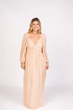 Outlet Worth Collective Daphne Long Sleeve Maxi Dress in Light Beige/White Floral - Bump Frien