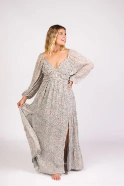 Online Worth Collective Daphne Long Sleeve Maxi Dress in Sage/Pink/Ivory Floral - Bump Friendl