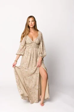 New Worth Collective Daphne Long Sleeve Maxi Dress in Beige Multi Floral - Bump Friendly &