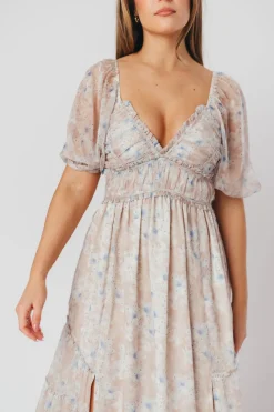 Hot Worth Collective Daphne Maxi Dress in Beige Blue Floral - Bump Friendly & Inclusive Siz