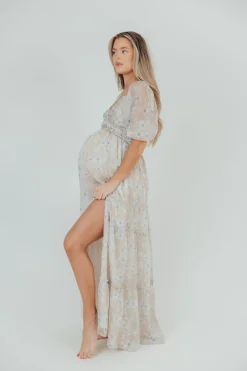 Hot Worth Collective Daphne Maxi Dress in Beige Blue Floral - Bump Friendly & Inclusive Siz