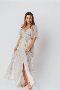 Hot Worth Collective Daphne Maxi Dress in Beige Blue Floral - Bump Friendly & Inclusive Siz