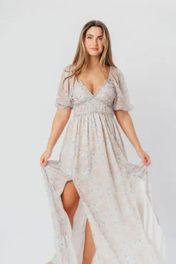 Hot Worth Collective Daphne Maxi Dress in Beige Blue Floral - Bump Friendly & Inclusive Siz