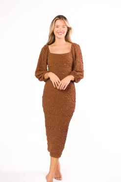 Clearance Worth Collective Darcy Square Neck Midi Dress in Brown - Bump Friendly