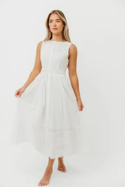 Discount Worth Collective Darla Eyelet Lace Button Down Fit and Flare Midi Dress in Off-White