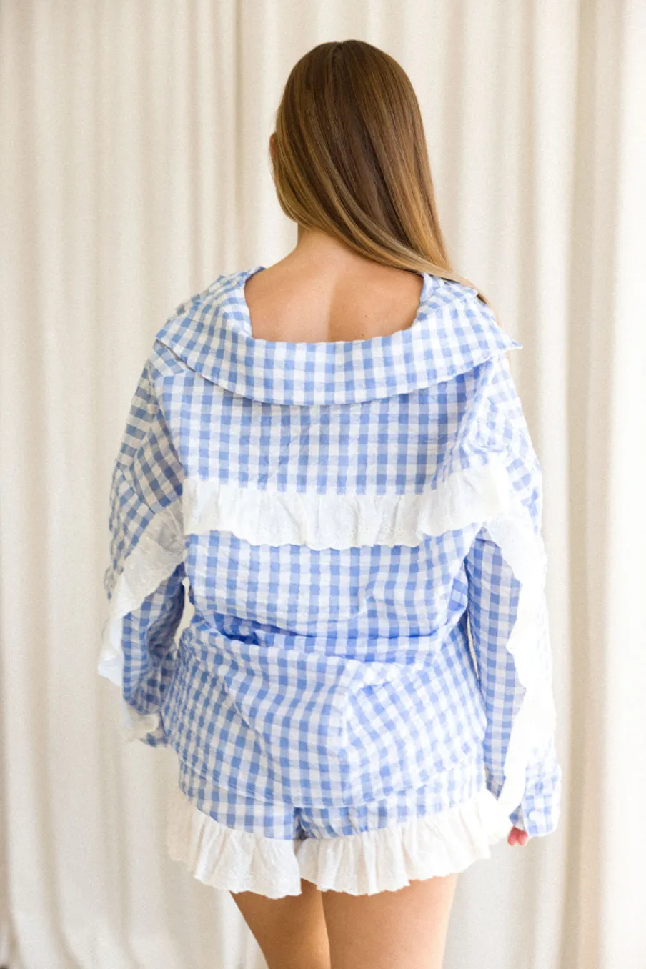 New Worth Collective Delaney Ruffle and Gingham Button-Down and Shorts Set in Light Blue--N