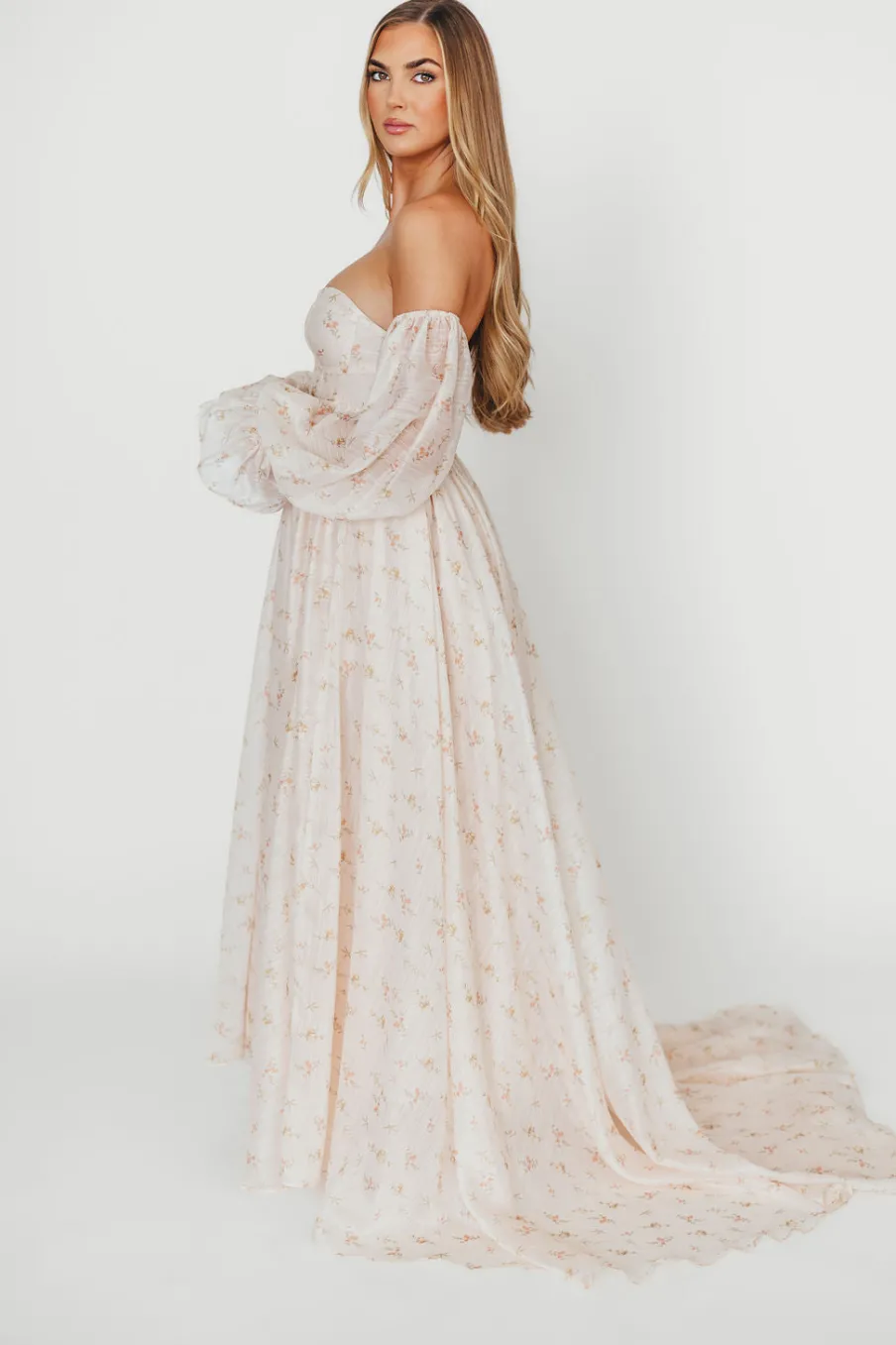 Clearance Worth Collective Delilah Maxi Dress with Train in Peach - Bump Friendly (XS-3XL)