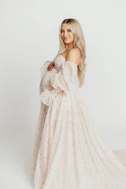 Clearance Worth Collective Delilah Maxi Dress with Train in Peach - Bump Friendly (XS-3XL)