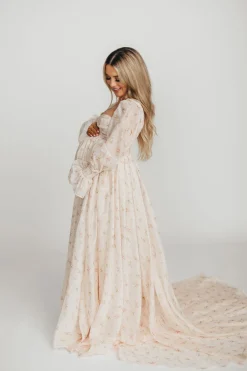 Clearance Worth Collective Delilah Maxi Dress with Train in Peach - Bump Friendly (XS-3XL)