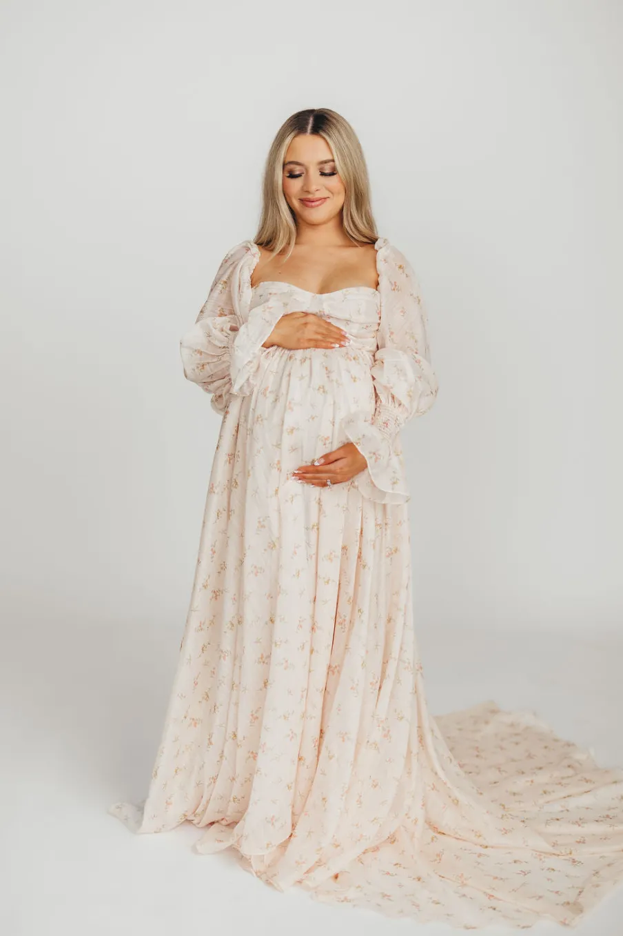 Clearance Worth Collective Delilah Maxi Dress with Train in Peach - Bump Friendly (XS-3XL)