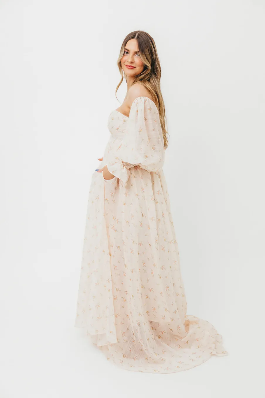 Clearance Worth Collective Delilah Maxi Dress with Train in Peach - Bump Friendly (XS-3XL)