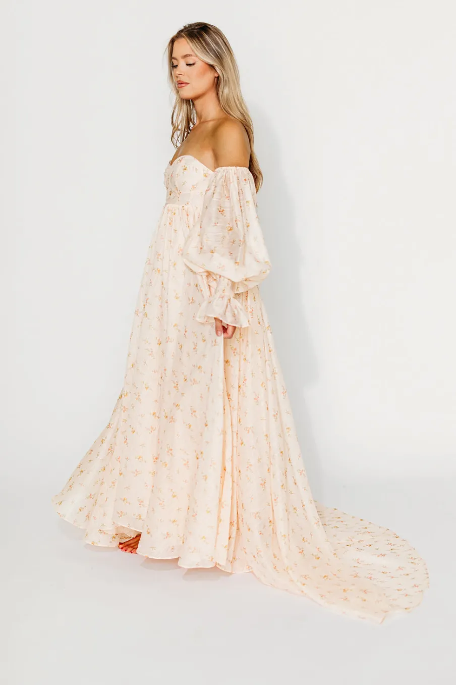 Clearance Worth Collective Delilah Maxi Dress with Train in Peach - Bump Friendly (XS-3XL)
