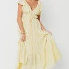 Fashion Worth Collective Destiny Embroidered Ruffle Sleeve Tiered Midi Dress in Yellow