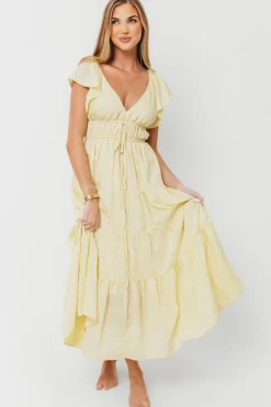 Fashion Worth Collective Destiny Embroidered Ruffle Sleeve Tiered Midi Dress in Yellow