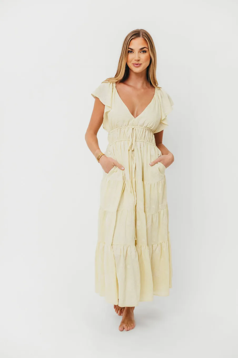 Fashion Worth Collective Destiny Embroidered Ruffle Sleeve Tiered Midi Dress in Yellow