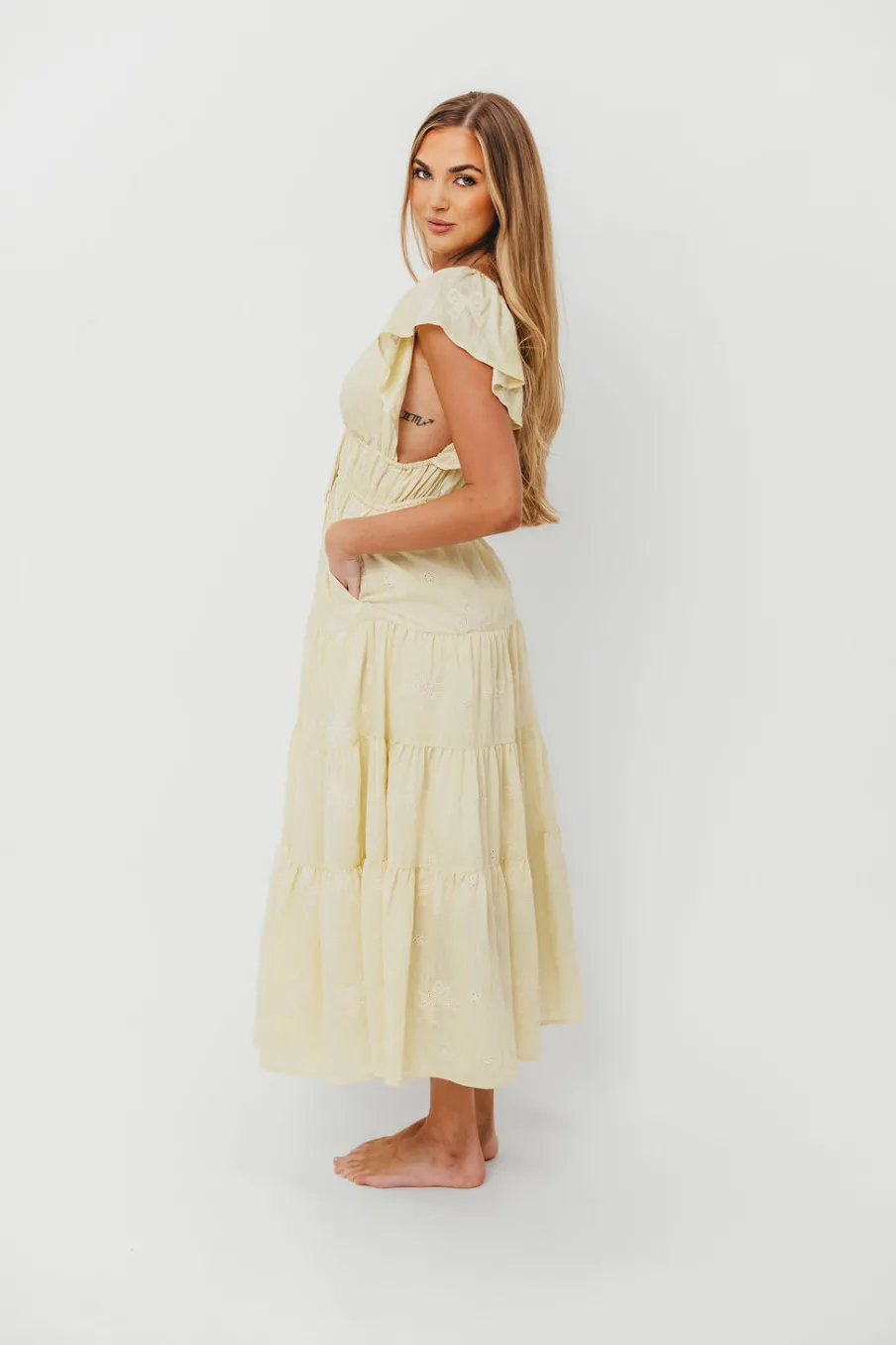 Fashion Worth Collective Destiny Embroidered Ruffle Sleeve Tiered Midi Dress in Yellow