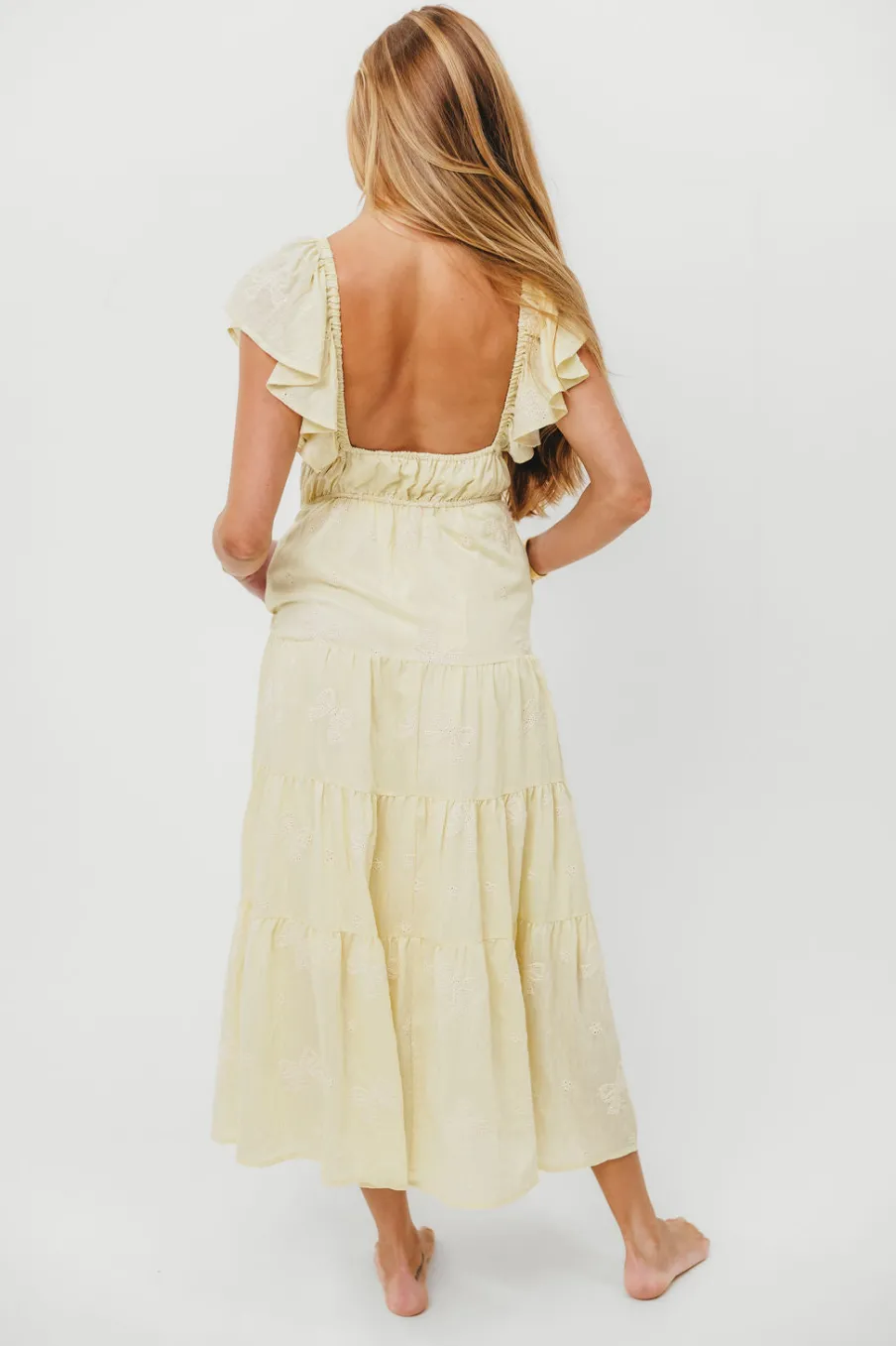 Fashion Worth Collective Destiny Embroidered Ruffle Sleeve Tiered Midi Dress in Yellow