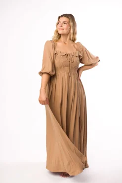 New Worth Collective Devon Smocked Maxi Dress in Taupe - Bump Friendly